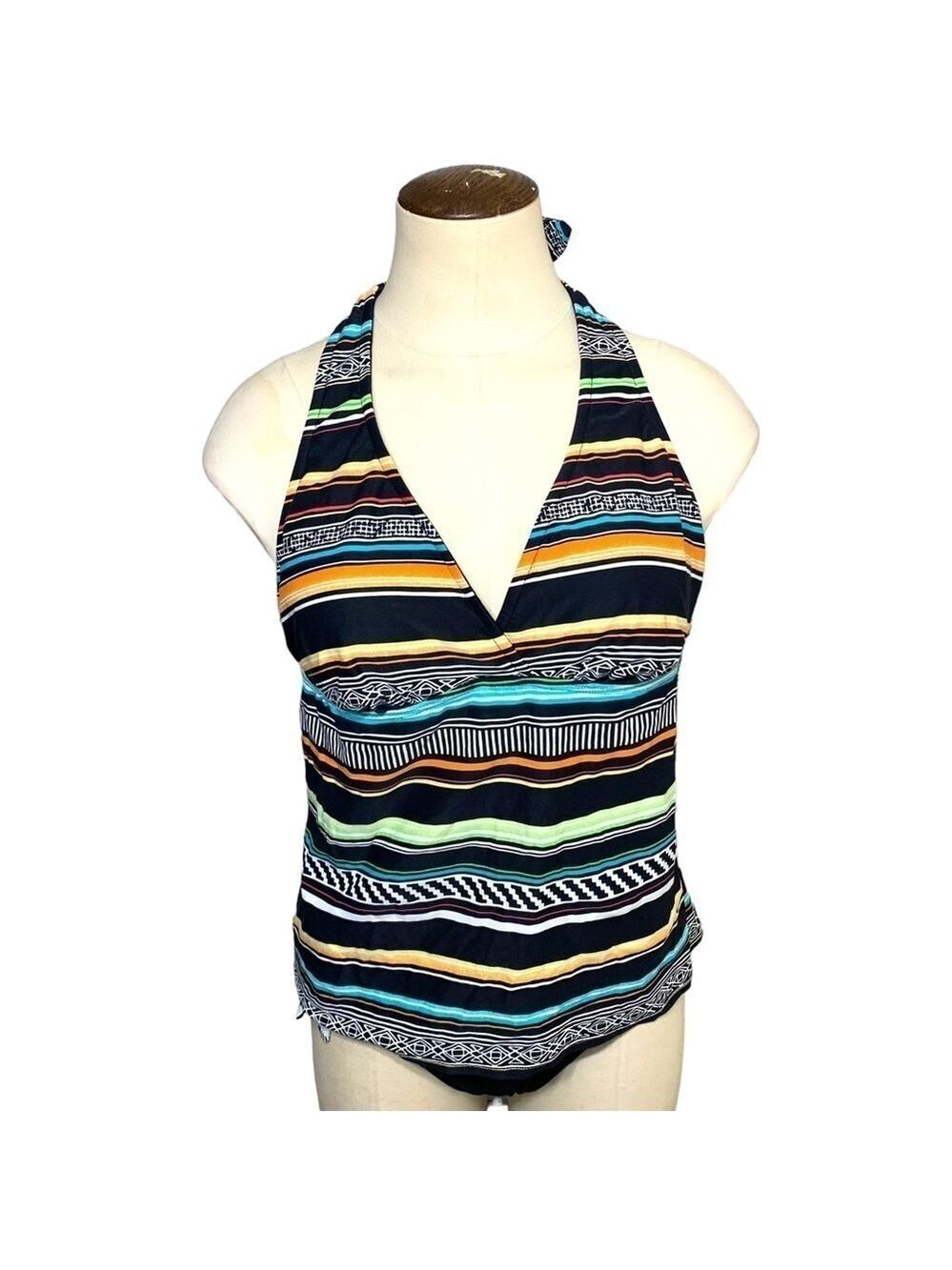 Captiva Halter Neck Tankini Swim Top Black Colorful Tribal Stripes Sz L Beach